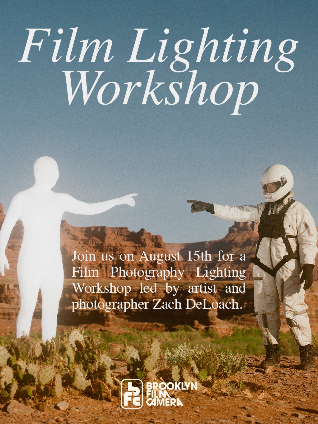 Film Lighting Workshop poster with two figures pointing toward each other in a desert
