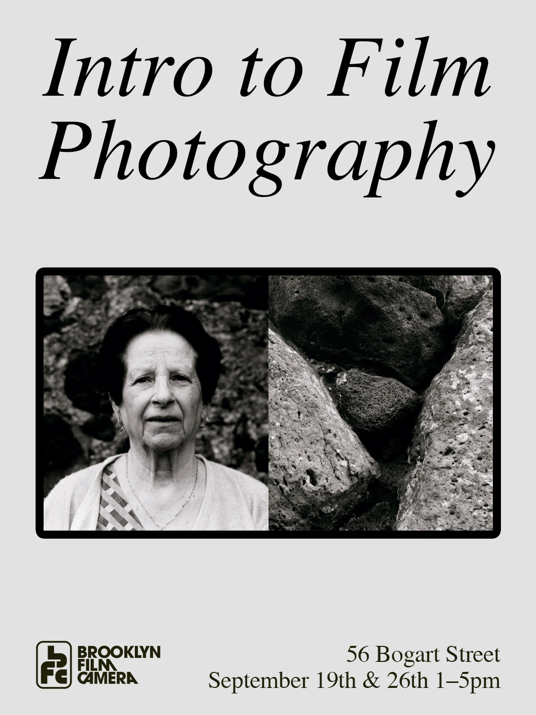 Intro to Film Photography poster with a black-and-white portrait and a photograph of textured stone