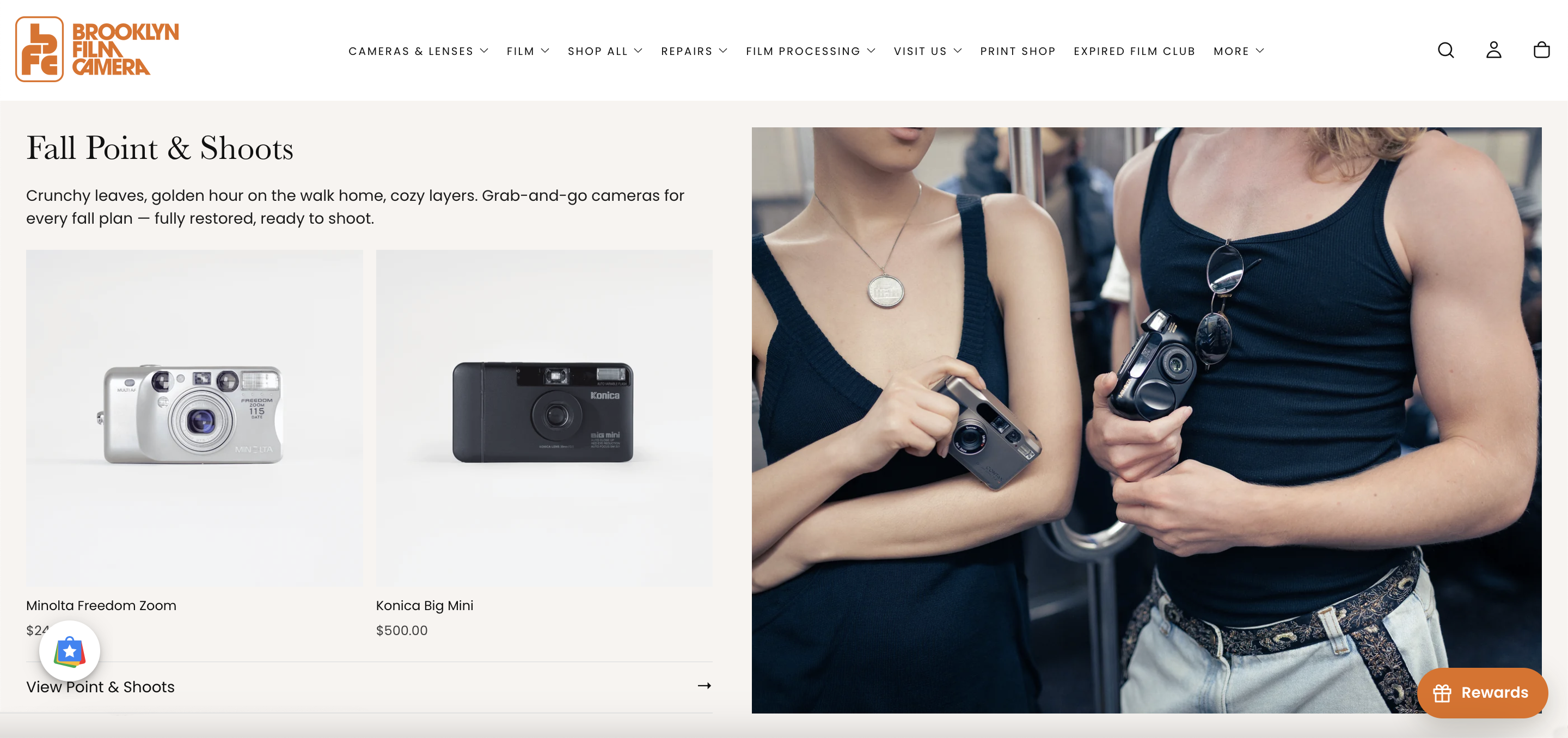 Brooklyn Film Camera homepage featuring Fall Point & Shoots and two people holding film cameras