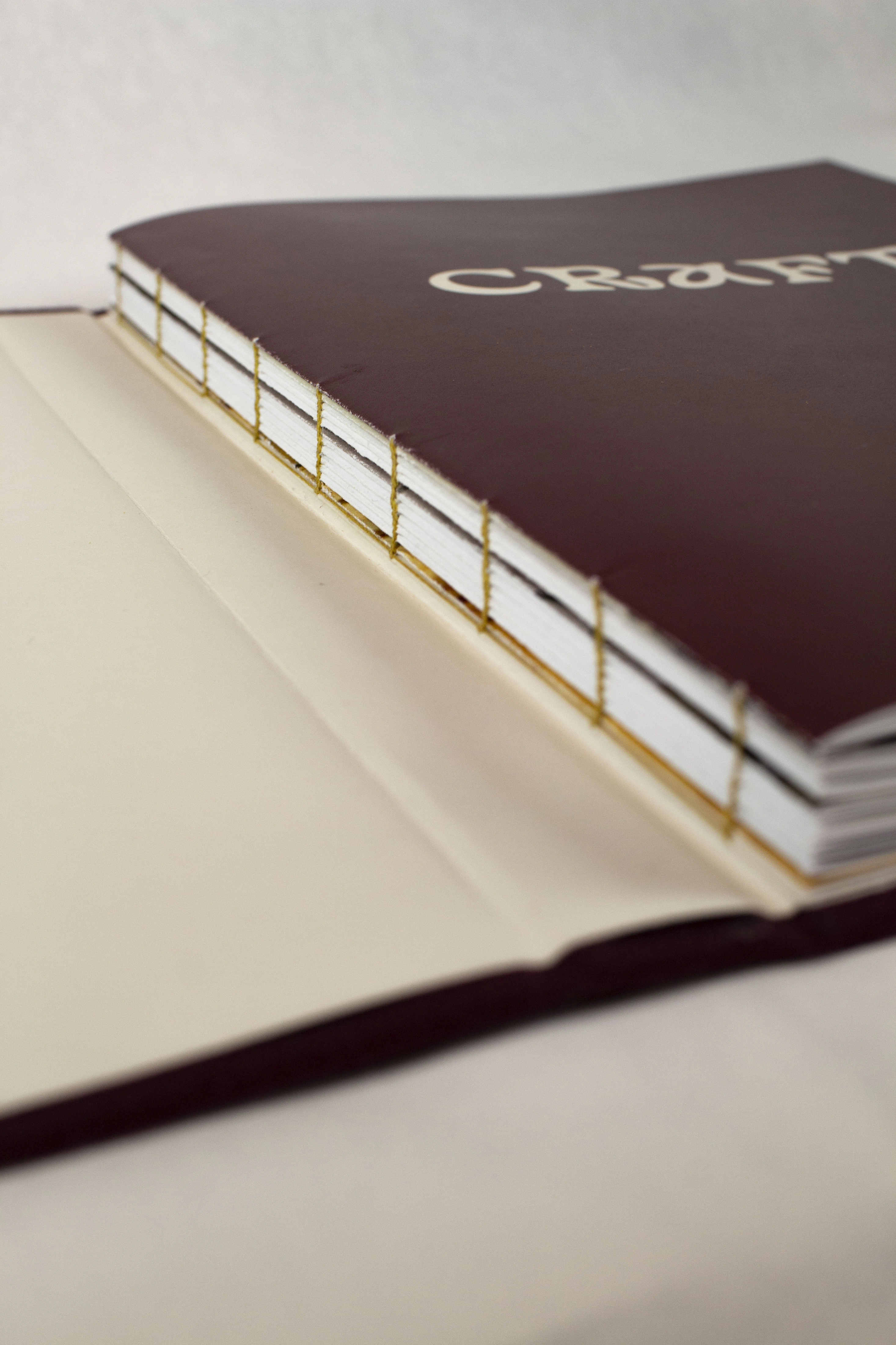 The exposed hand-sewn binding and burgundy cloth cover of Craft