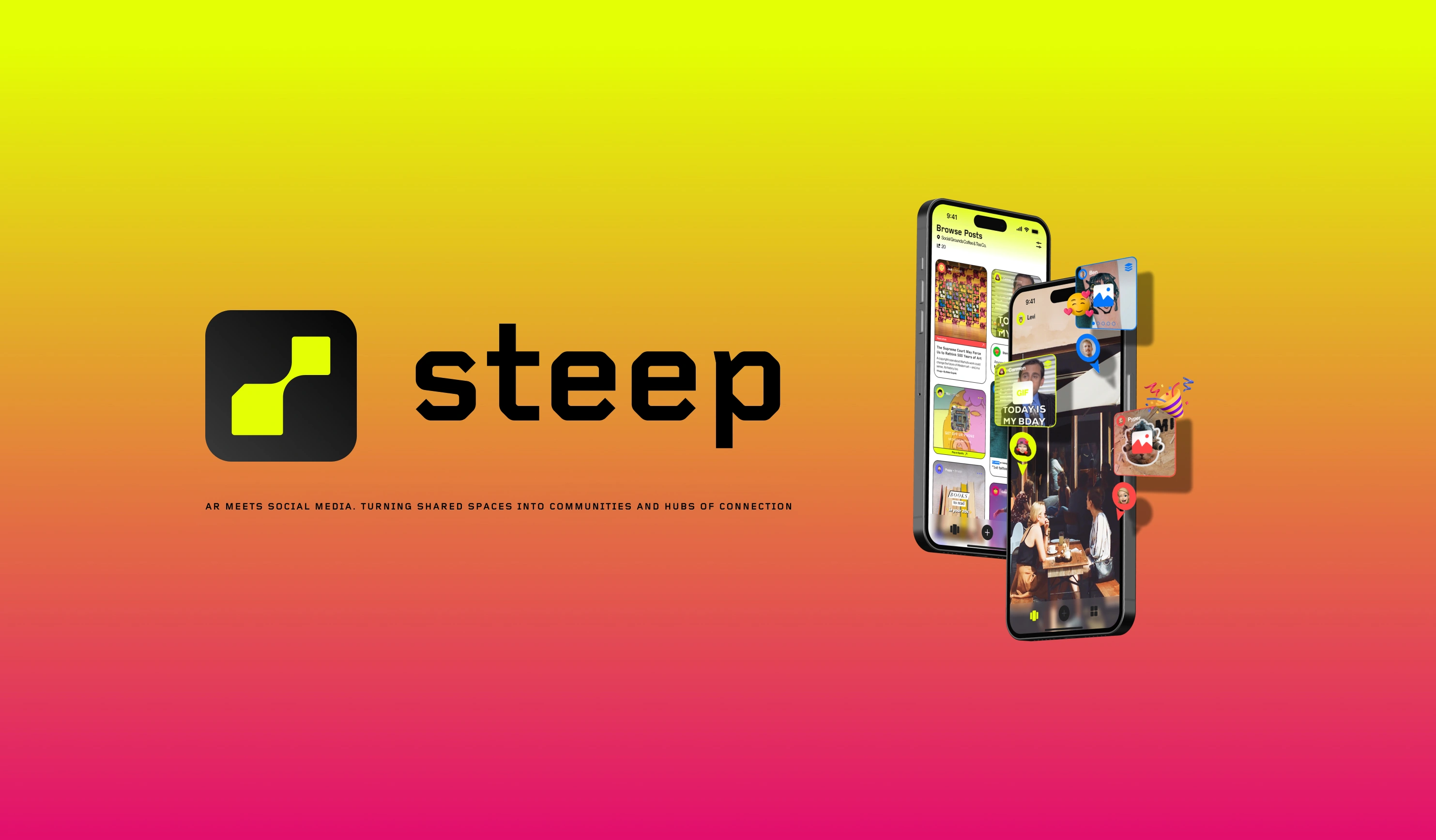 Steep visual identity with a yellow-to-pink gradient and an augmented reality phone interface